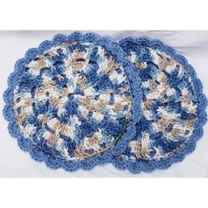 Set of 2 Blue Multicolored Hand Crocheted Doilies Potholder / Wall Decor 10" Dia